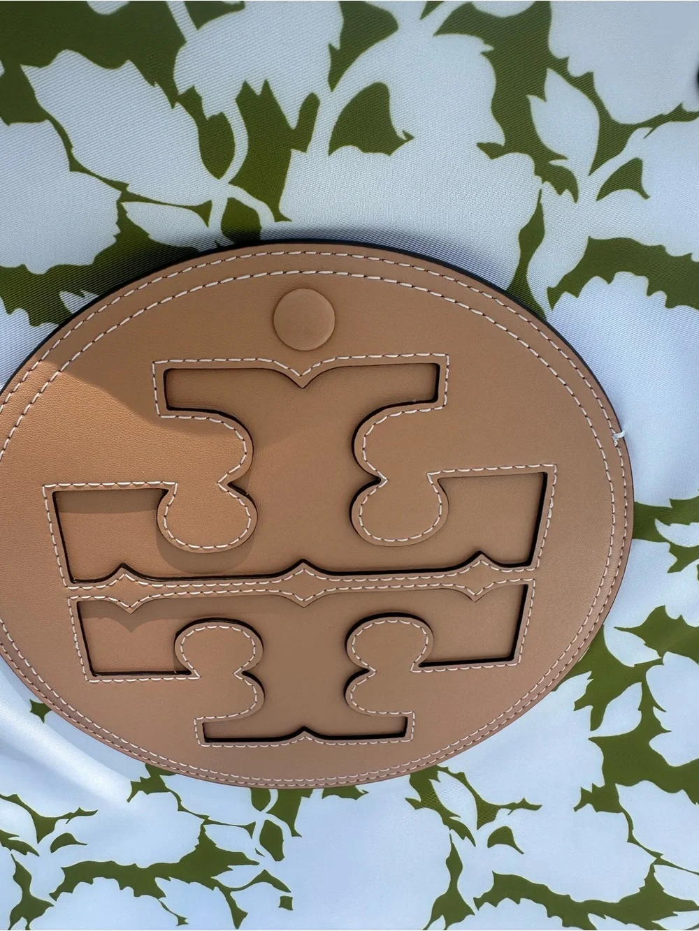 Tory Burch White Tote with Olive Green Print and Tan Trim